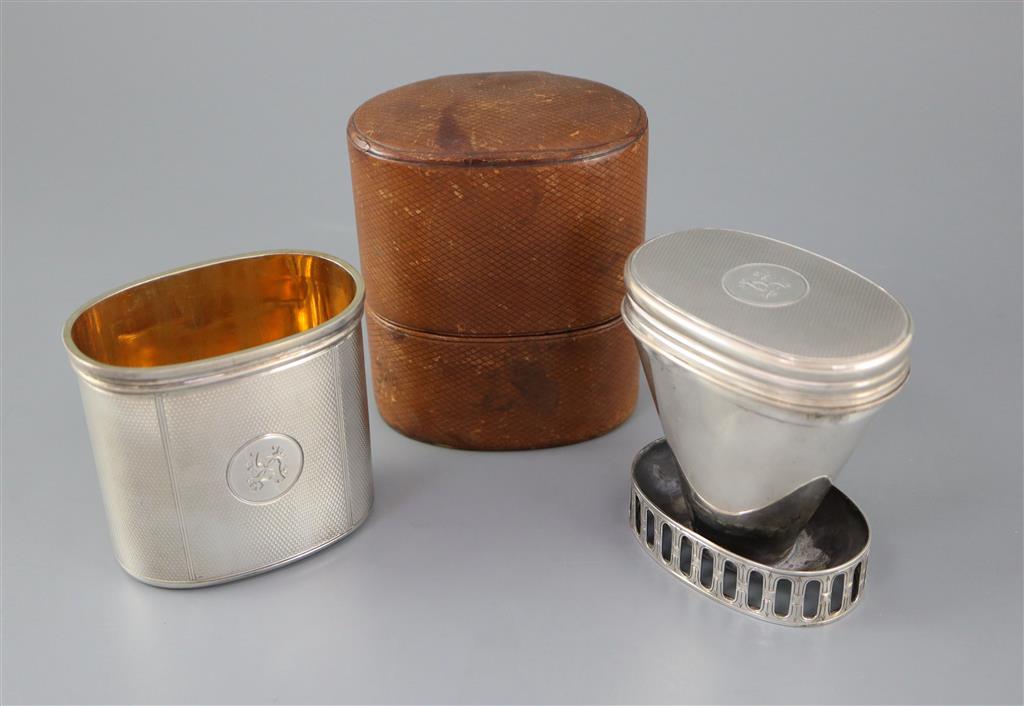 A leather cased Victorian travelling silver hip flask and warmer, by Thomas Johnson I,